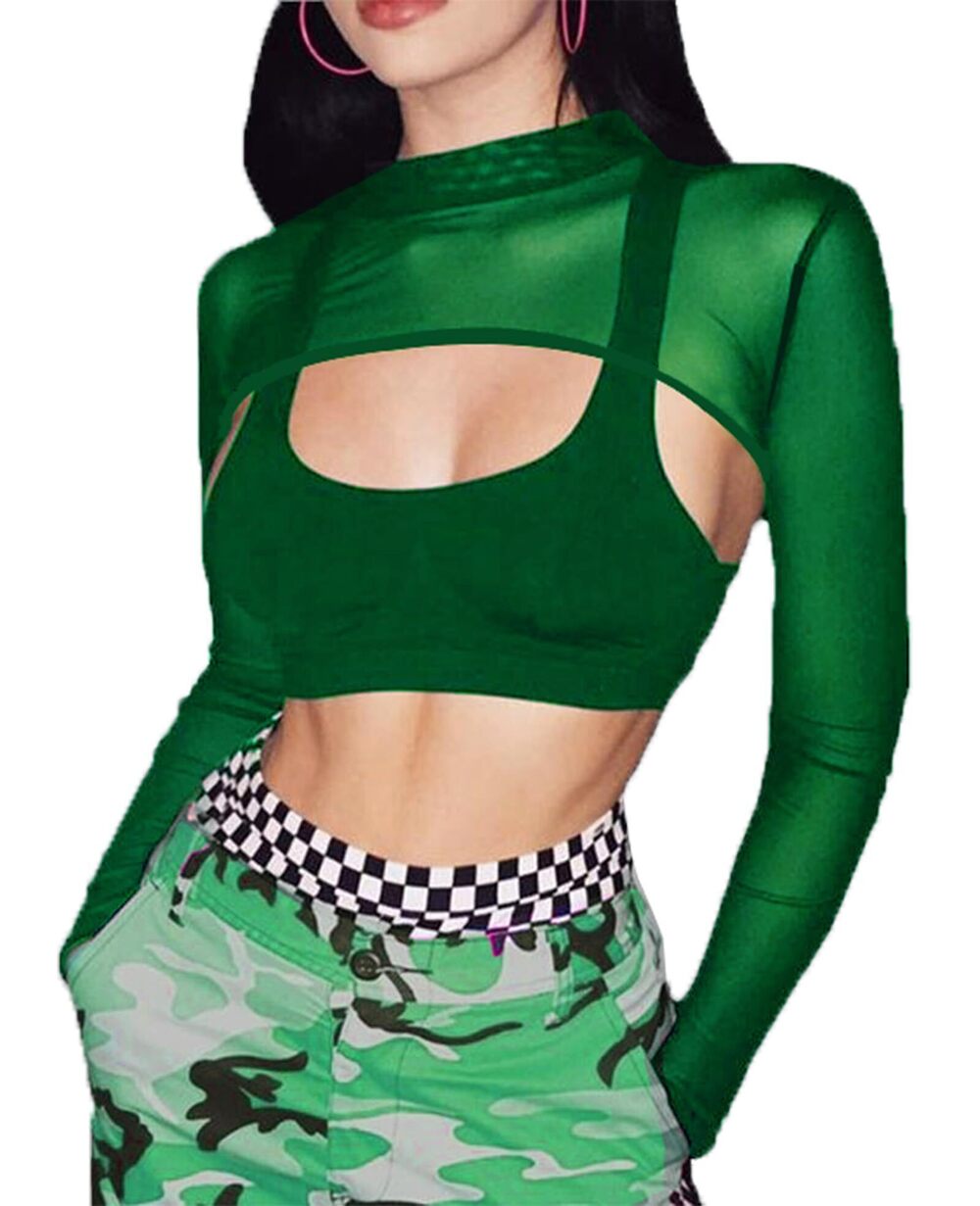 9517 Sheer Top Long Sleeve Rave Top Sexy Halloween Costume Crop TopGreen, S